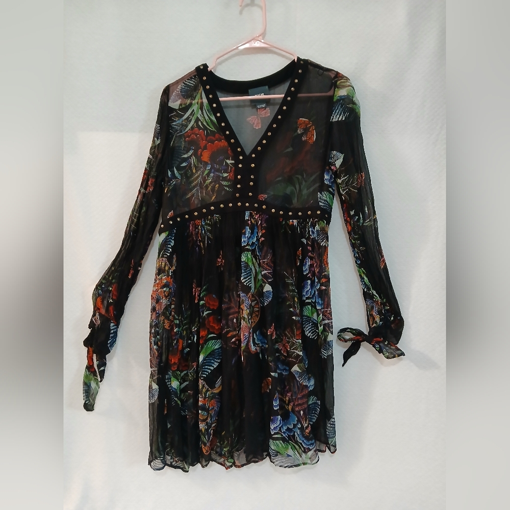 Maeve Night Time Anthropologie Black Floral Sheer Women's Tunic Dress